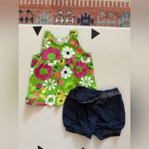 Okie Dokie|Baby girl vibrant green Floral Tank Top and Navy Shorts Set•••Cotton